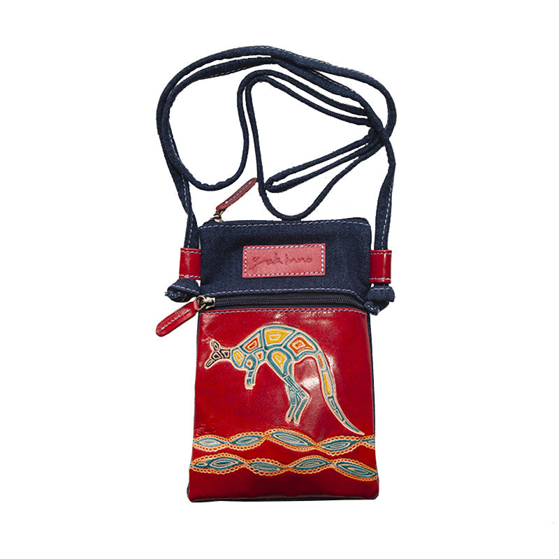 Kangaroo Gifts Hand Painted Leather And Denim Combo Cross Body Hippie Sling Bag 13 x 19CM