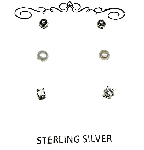 Sterling Silver Ball, CZ, and Pearl Trio Earrings