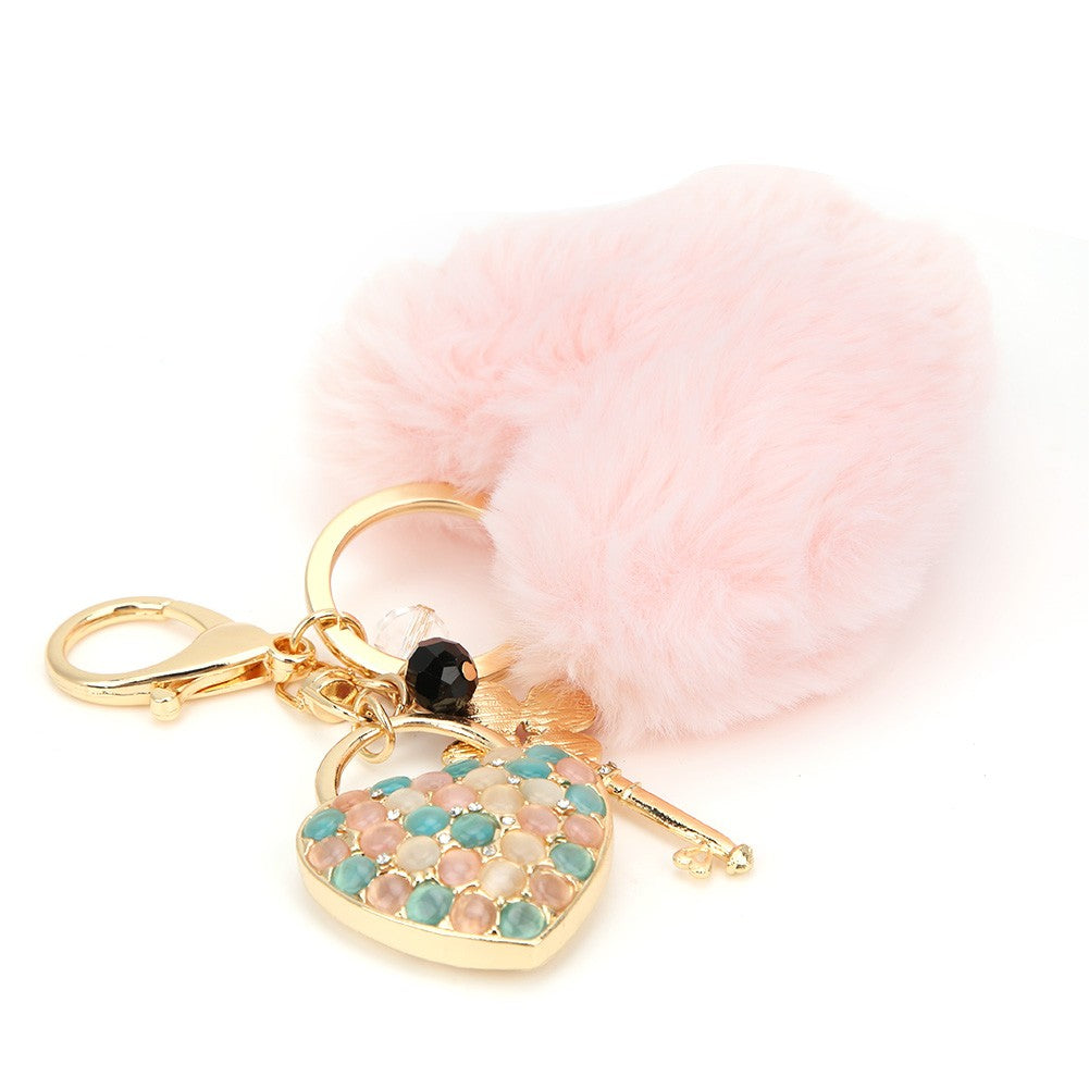 Key Chain Fluffy Heart Shaped Fur Ball Key Ring Pink Bag Hanging Decorative ZMS